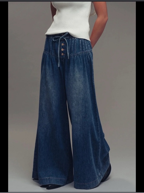 Pants - Wide Leg Dark Blue Denim Jeans with Drawstring Waist